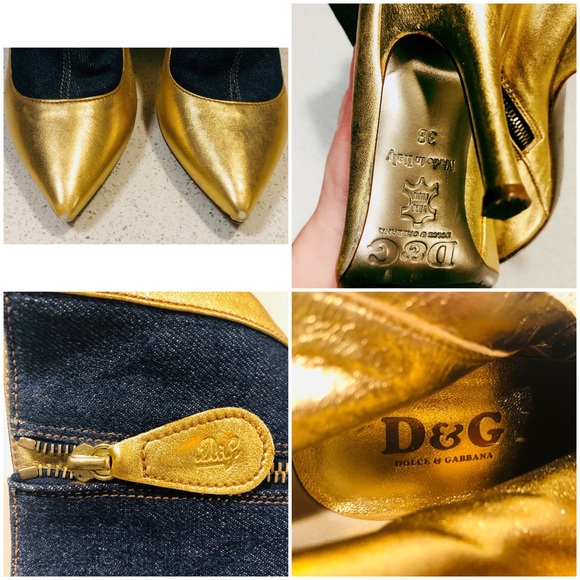 D&G Gold Leather Point Blue Denim Ankle Boots 38 8 - Picture 8 of 8
